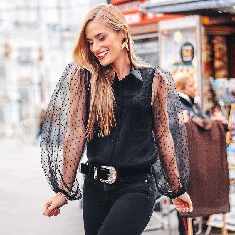 

Women' Blouses & Shirts 2022 Women Black Organza Blouse Sexy Transparent Turn Down Collar Long Puff Sleeve Shirt Female Stylish Ladies Tuni