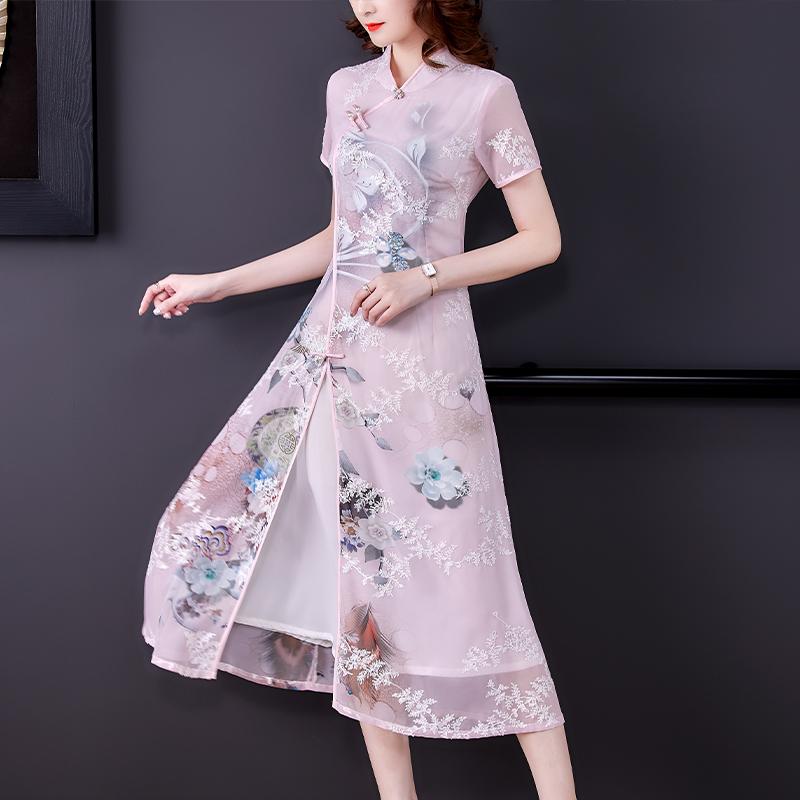 

Party Dresses Vintage Embroidery Buckle Stand Collar Improved Cheongsam Women Summer Chinese Style Split Fork Slim Midi Dress Female Qipao, Pink