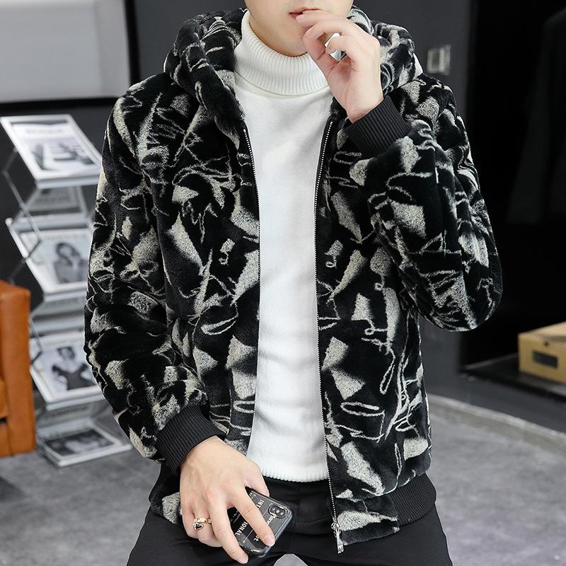 

Men's Jackets 2022 Winter Clothes Printed Imitation Jacket Teenagers Handsome Hooded, Black;brown