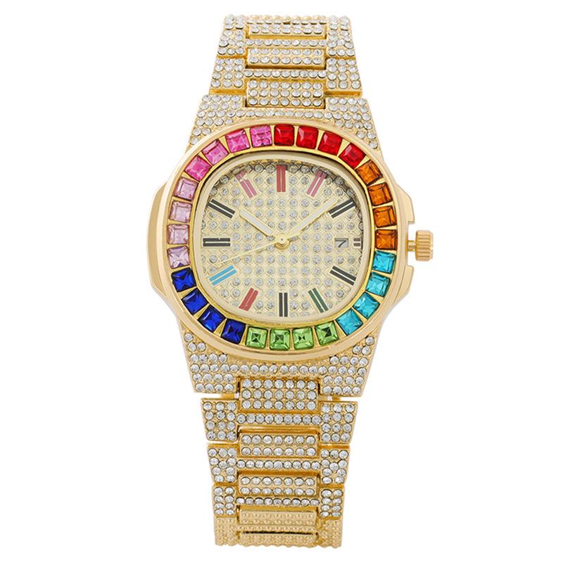 

Wristwatches Luxury Round Quartz Rainbow Rhinestone Dial Casual Watch Stainless Strap Fashionable Clock Waterproof Wristwatch For Women, Black