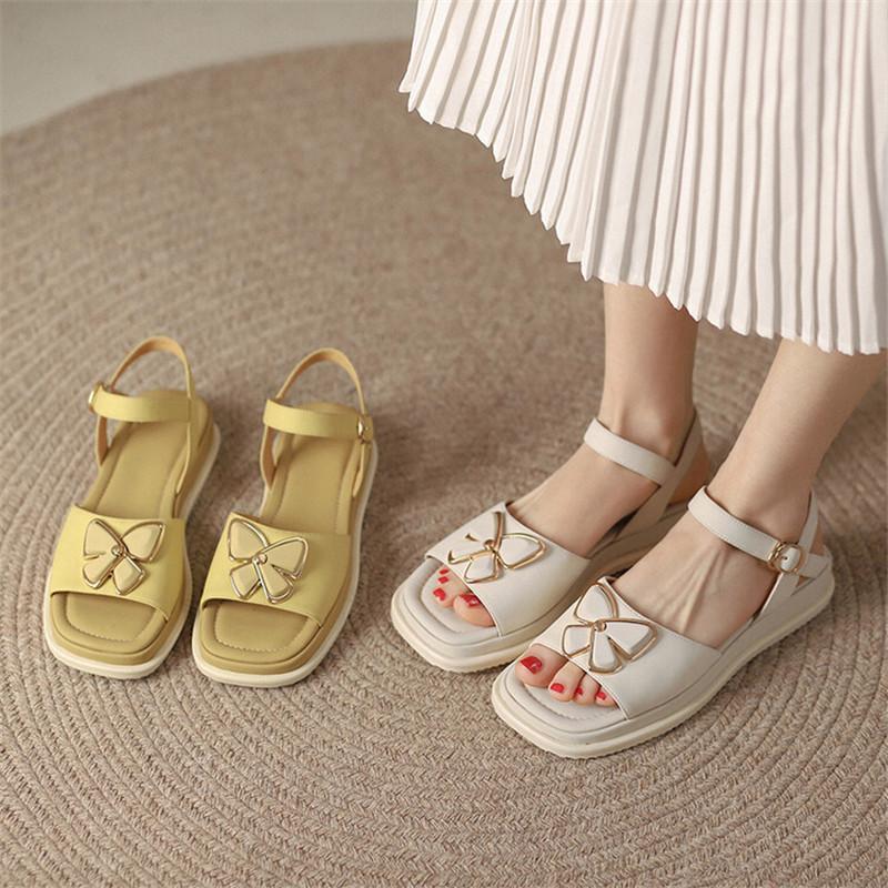 

Sandals 2022 Summer Preppy Style Flat With Casual Comfort Sweet Bowtie Ankle Strap Dating Daily Shoes Women ConciseSandals, Beige