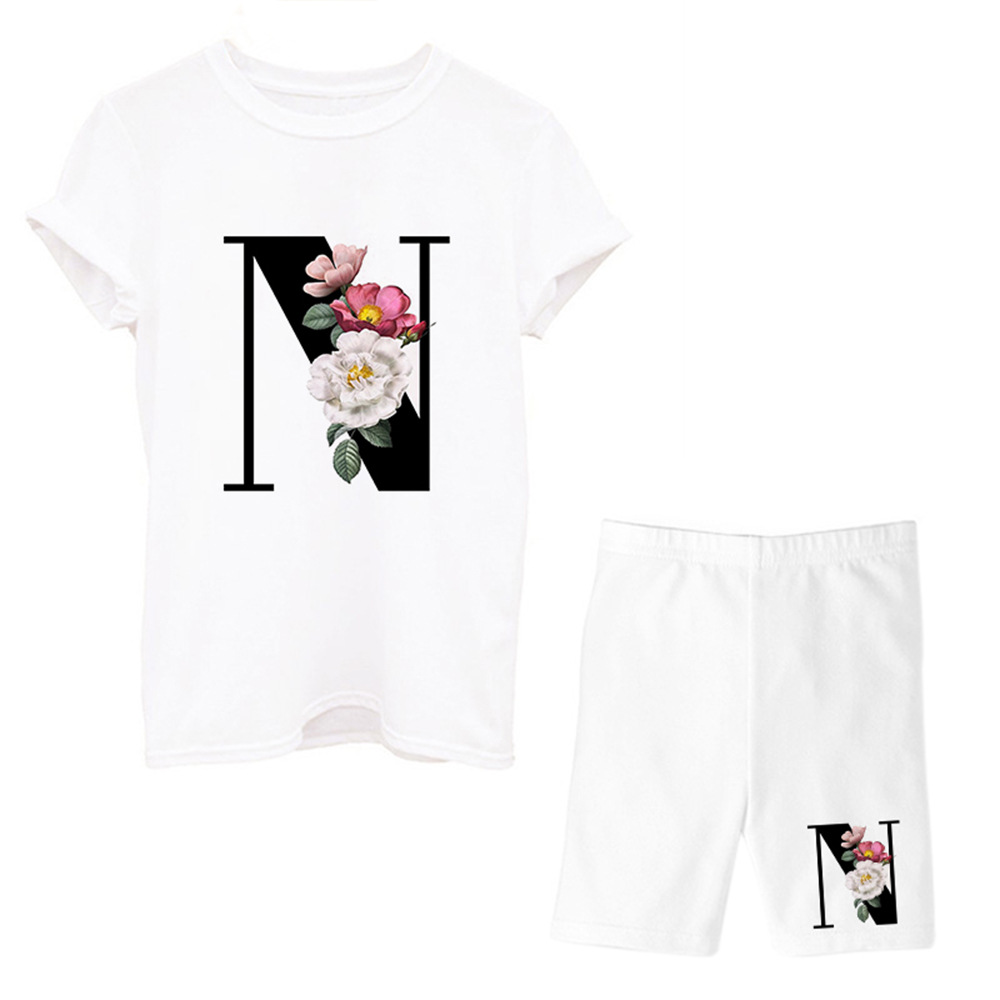 

Summer Women Sport Tracksuits Printed Short Sleeve Leisure Suit Fashion T-shirt And Shorts Two Piece Outfit 26 letters printed on chest, White