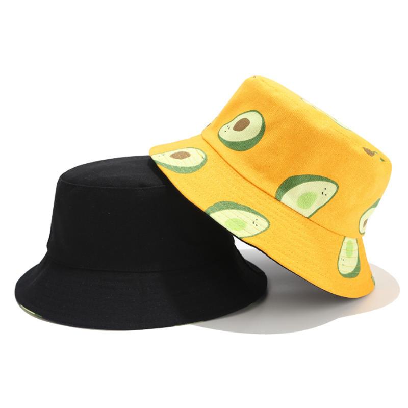 

Berets Avocado Print Double-sided Fisherman Hat Men Women Traveling Canvas Basin Hats Unisex Selling Fruit Pattern CapsBerets, White
