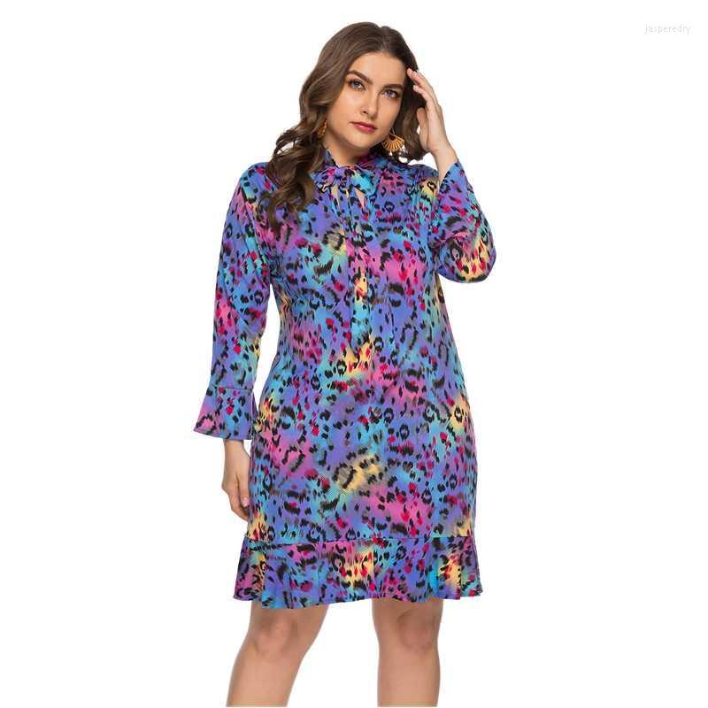 

Plus Size Dresses Fashion Women Dress Style European And American V-Neck With Bow Leopard Print Flouncing Office Lady SkirtPlus Jasp22, Orange