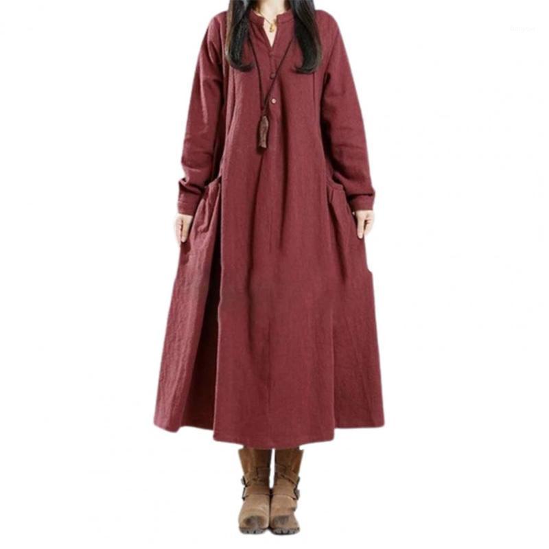 

Casual Dresses Women Dress Solid Color Buttons Autumn Winter Literary Style Pockets Pure, Blue