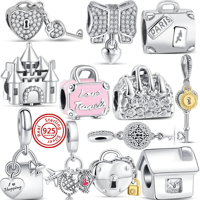 

925 Silver Fit Pandora Charm 925 Bracelet Handbag Luggage Lock Key charms set Pendant DIY Fine Beads Jewelry