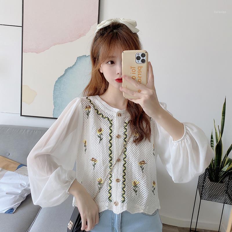 

Women 2022 Spring Autumn Fashion Floral Embroidery Chiffon Shirts Female Patchwork Short Ladies O-neck Loose Blouses V985 Women, White