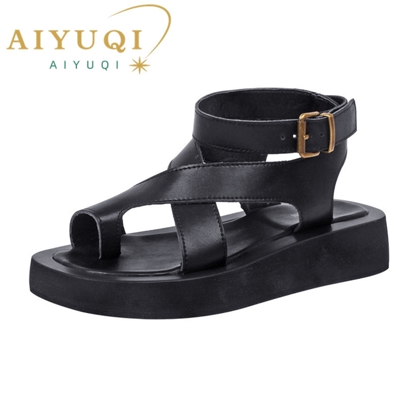 

AIYUQI Sandal Genuine Leather Summer Clip Toe Sandals Ladies Roman Women Shoes Muffin Sandals 220406, White