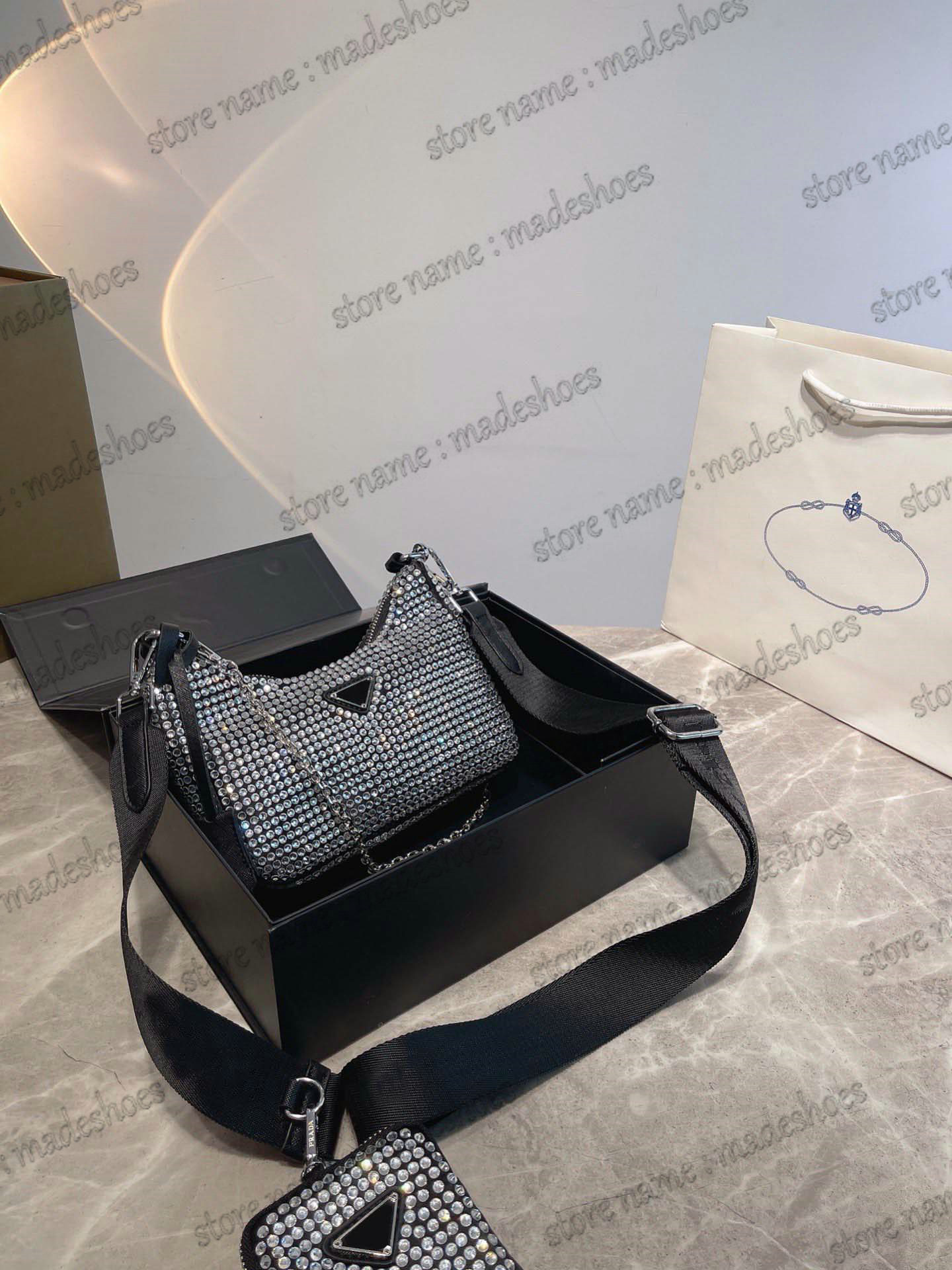 

Satin Re-Edition 2005 Crystal Embellished Shoulder Bag Multi Pochette Designer Nylon Saffiano Leather Bling Bling Luxury Crossbody With Removable Pouch Keychain