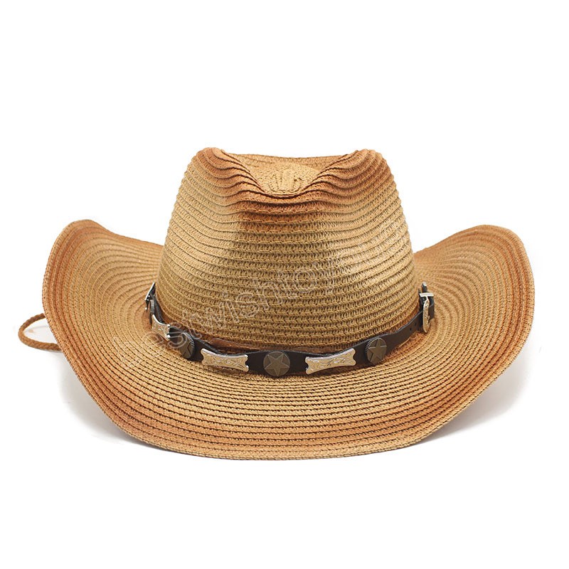 

Vintage Male Leather Western Cowboy Hats Mens Summer Wide Brim Straw Hat Outdoor Beach Sun Hat gorros hombre