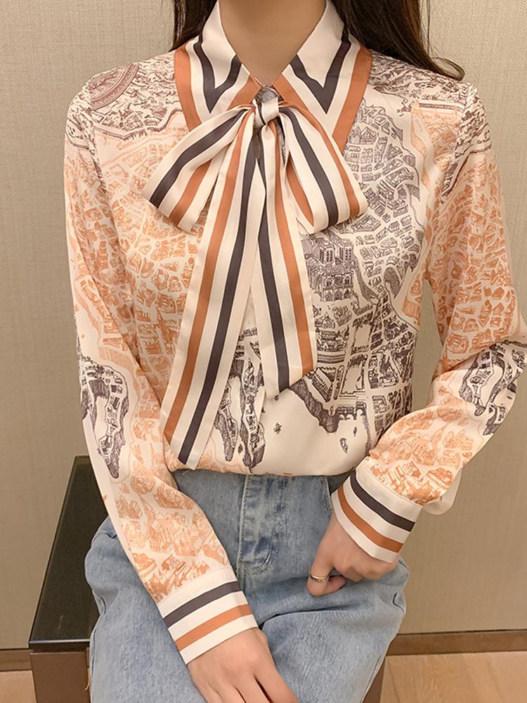

Women' Polos Satin Shirts Women Long Sleeve Ribbon Bow Tie Horse Print Autumn Female Chiffon Blouse Office Ladies Buttons Tops 2022Women, As picture