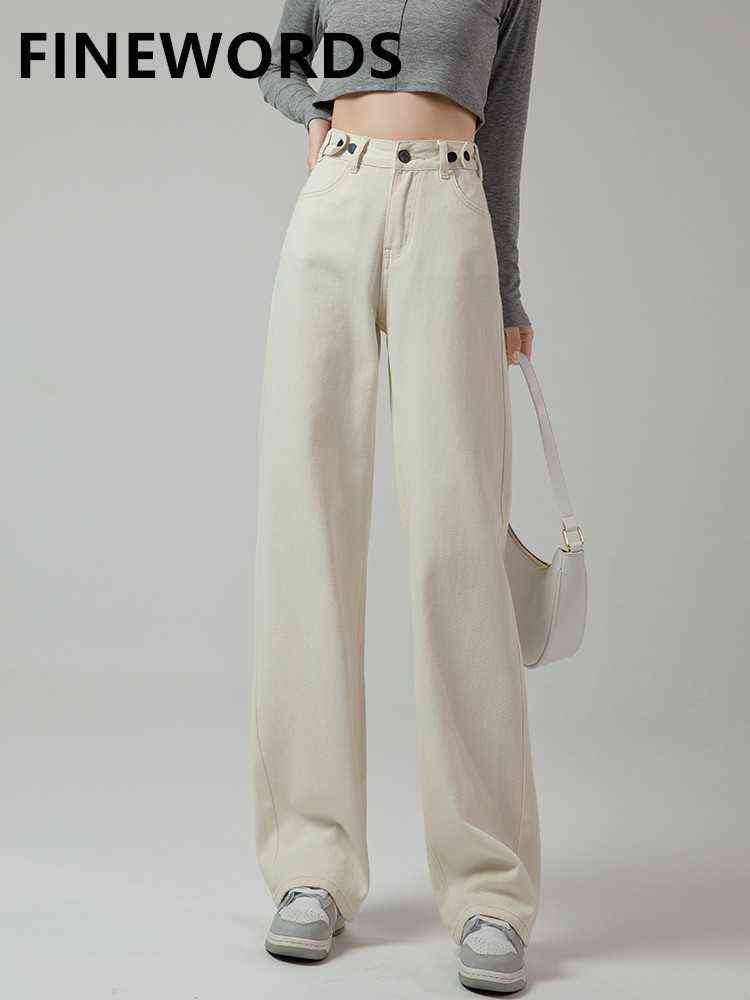 

FINEWORDS Spring Korean Casual Beige Jeans Women High Waist Loose Straight Mom Jeans Wide Leg Vintage Punk Washed Denim Pants T220728