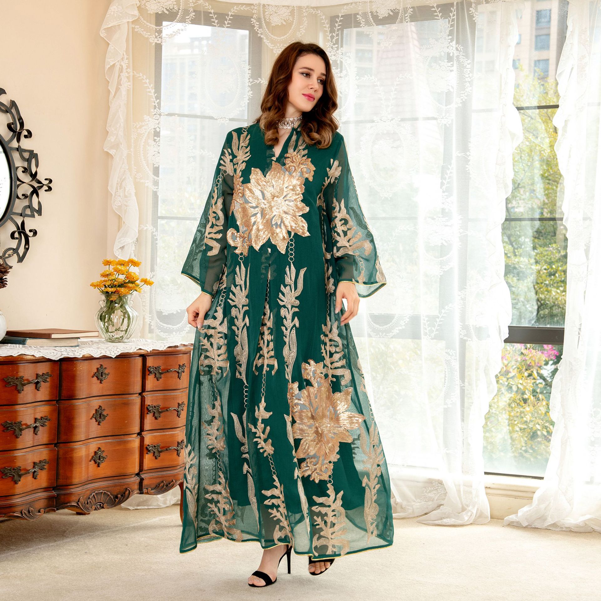 

Sequins Embroidery Dubai Abaya Dress for Women Moroccan Kaftan Turkey Muslim Arabic Long Dresses Jalabiya Green Islamic Clothing