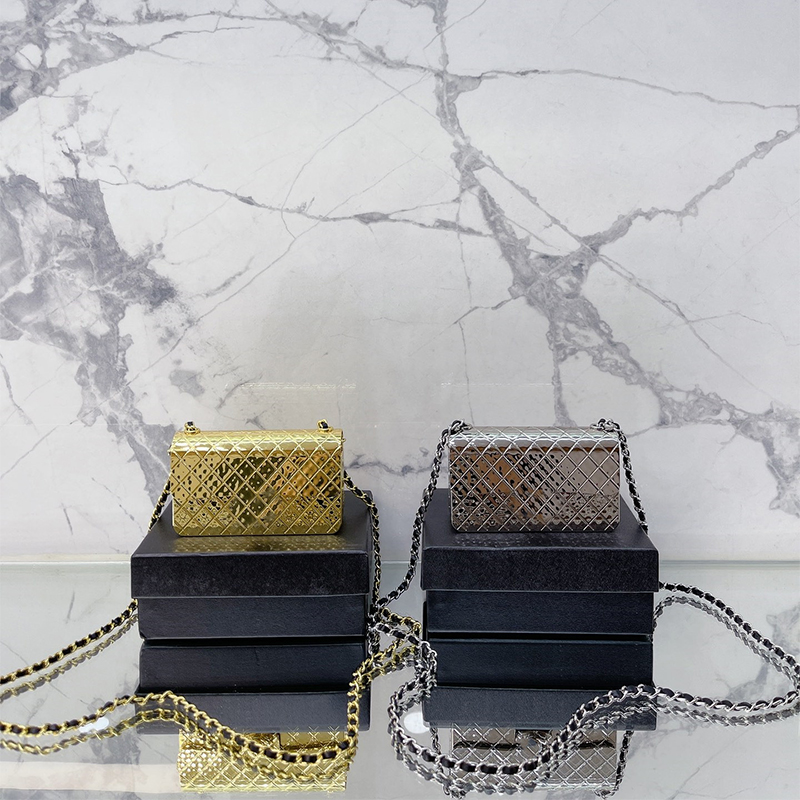 

2022 Top Women's Metal Evening Bag Fashion Designer Bags Shoulder Bag High Quality Luxury Outdoor Quilted Sacoche Wallet Crossbody Purse Small Mini Chain Purses, Gold