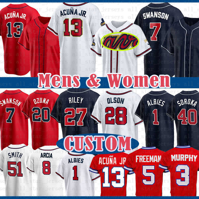 Custom 13 Ronald Acuna Jr. Martinez Baseball Jersey Atlanta Dansby Swanson Matt Olson Ozzie Albies Austin Riley Travis d'Arnaud Dale Murphy