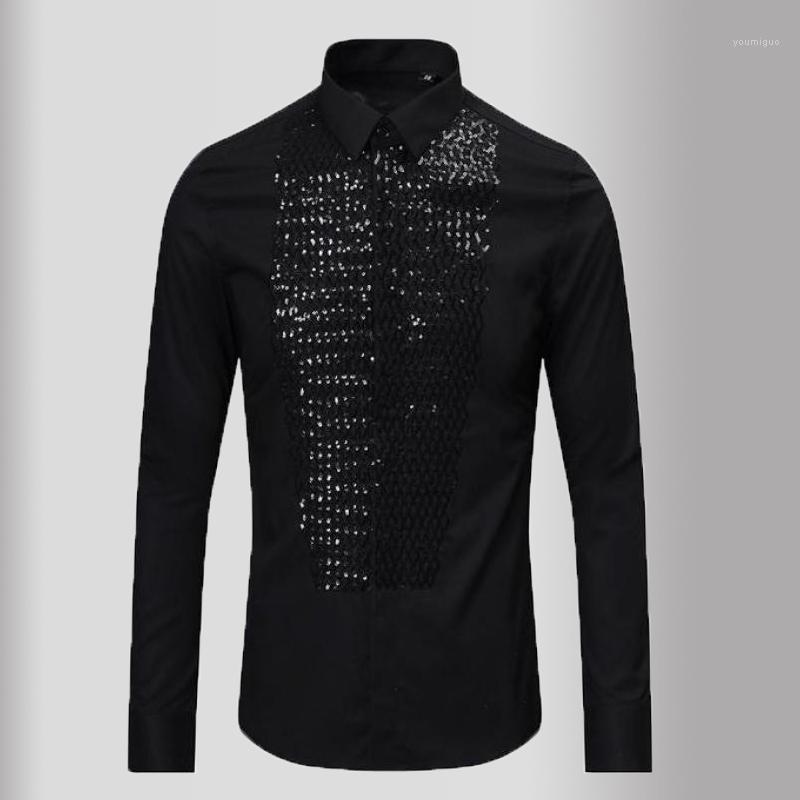 

Men's Casual Shirts Mens Luxury Sequin Embroidery Long Sleeve Causal Dress Slim Fit Party Male, White