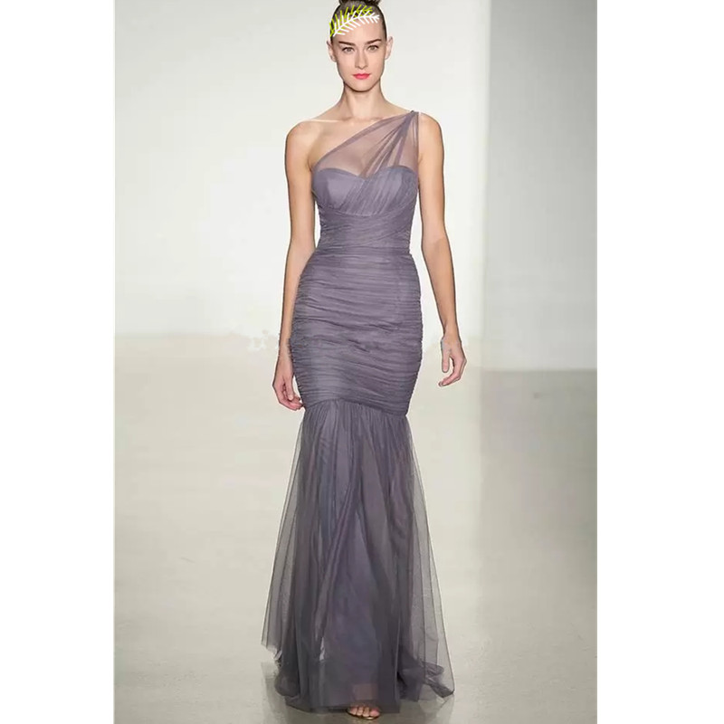 

New Silver Bridesmaid Dresses by Amsale One Shoulder Sheer Strap Satin Tulle Mermaid Bridesmaid Dress Floor Length Maid of Honor Dress