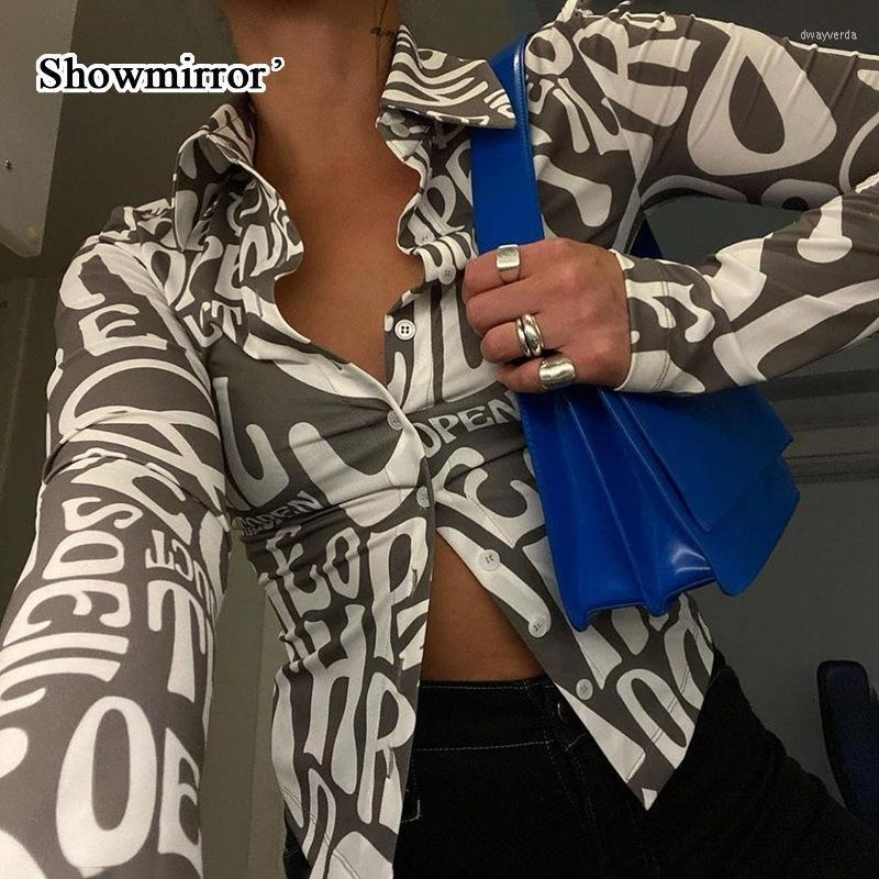 

Women' Blouses & Shirts Showmirror G Fashion Letters Print Long Sleeve Turn-down Collar Tops And Top Slim Streetwear Button Up CardiganWome, Brown