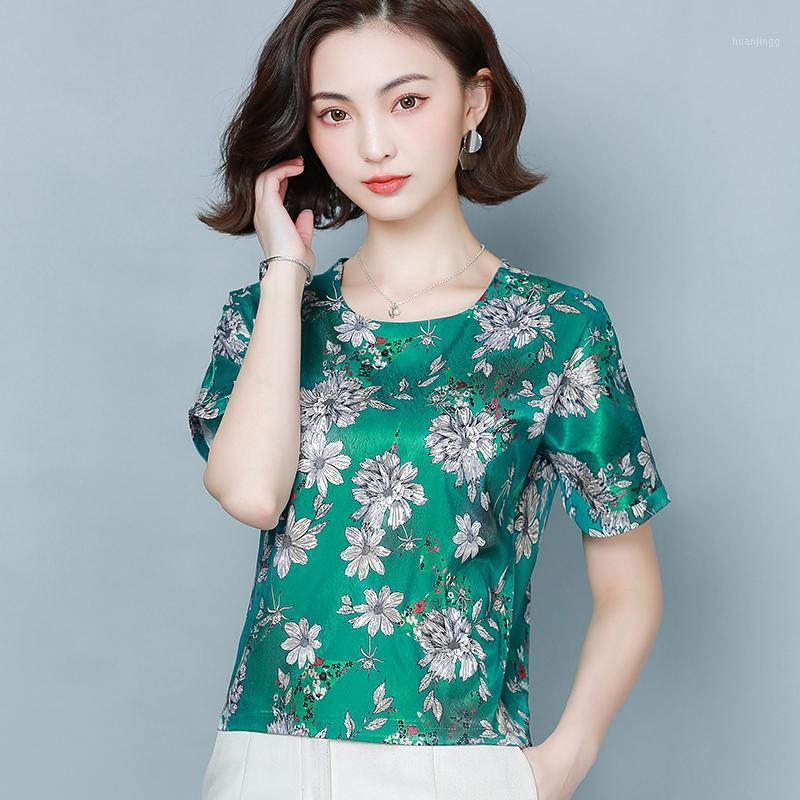 

Women's Blouses & Shirts Korean Fashion Silk Women Satin Print Woman Floral Blouse Tops Plus Size Blusas Femininas Elegante 4XL, Green