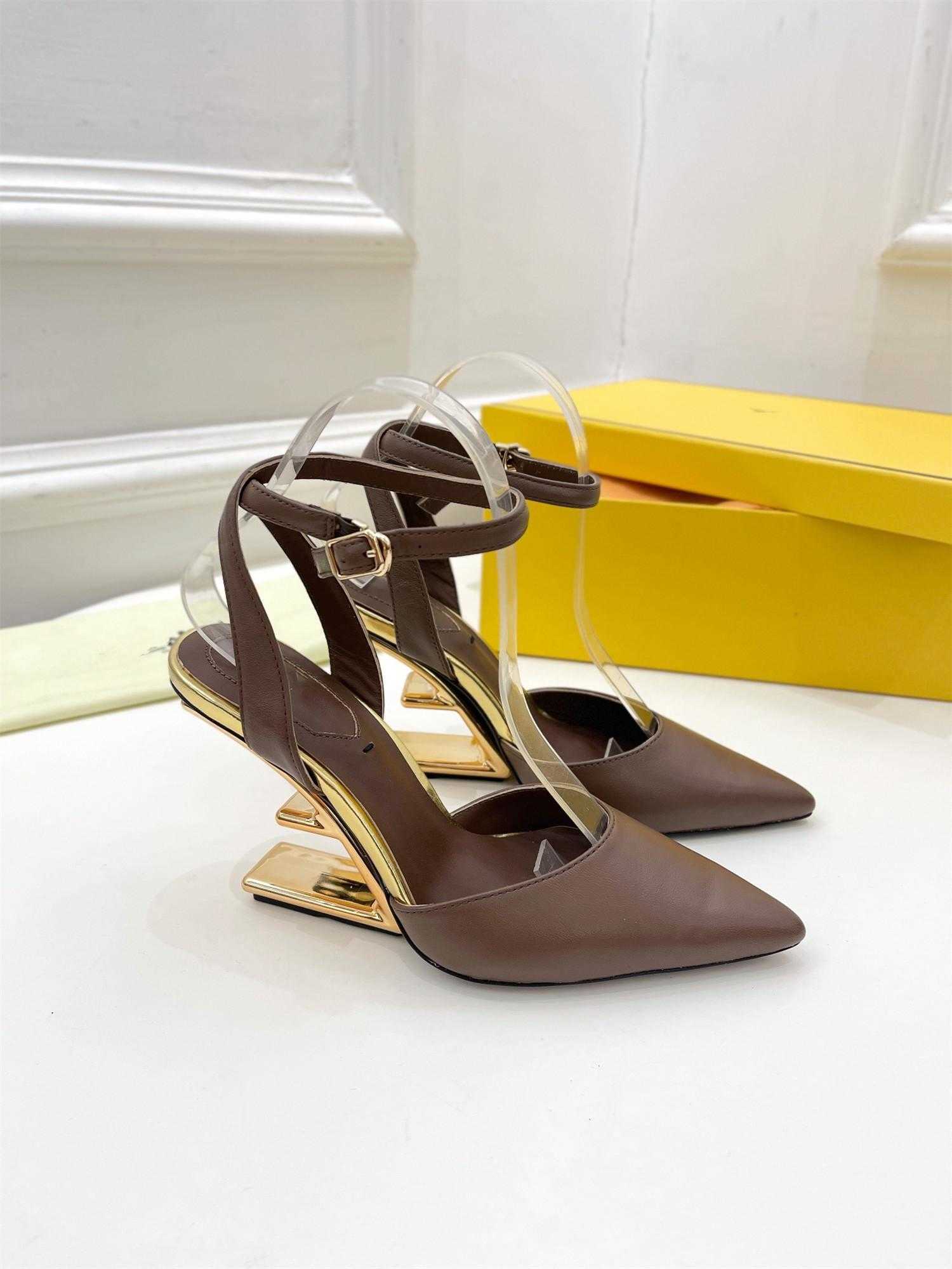 

2022 Designer F womens sandals high heeled shoes pointed toesl summer footwear fashion 10cm heel front back strap genuine leather size 35-42, Black sequins