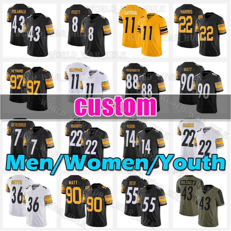 

Najee Harris Football Jersey Pat Freiermuth Kenny Pickett Claypool TJ Watt George Pickens Pittsburgh Steelers Mitchell Trubisky Diontae Johnson Troy Polamalu, Men custom jersey(g r)+patch