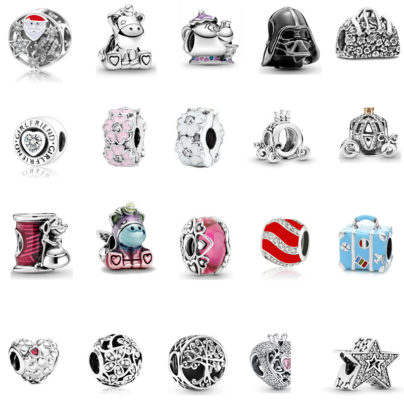 New 925 Sterling Silver Openwork Loose Beads Charm Girls Charm Original Fit Pandora Bracelet Pendant Beaded Heart Crown Necklace Accessories DIY