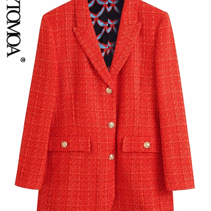 

KPYTOMOA Women Fashion With Print Lining Fitted Tweed Blazer Coat Vintage Long Sleeve Pockets Female Outerwear Chic Veste 220402, As picture