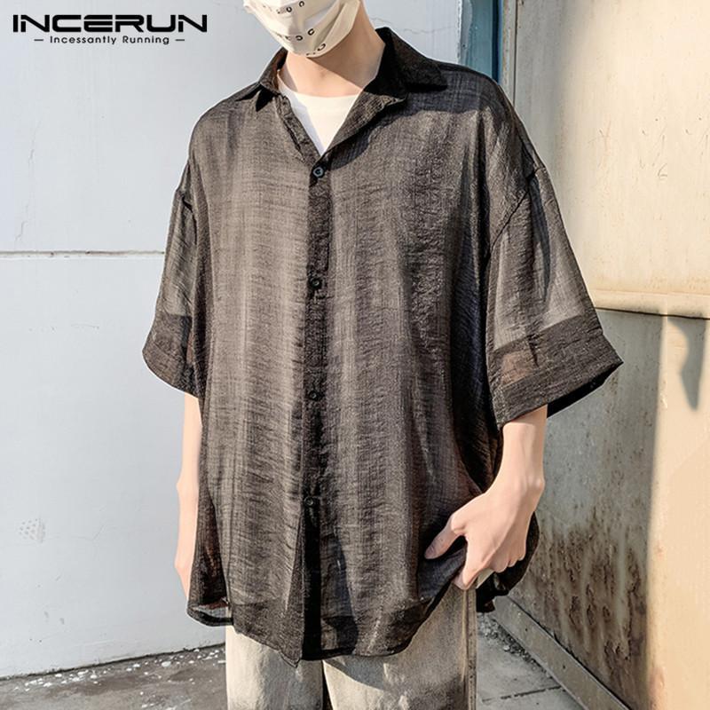 

Men Solid Color See Through Casual Shirts INCERUN Man Short Sleeve Lapel Neck Blouse 2022 Fashion Button Thin Mesh Camisa -5XL Men, Black