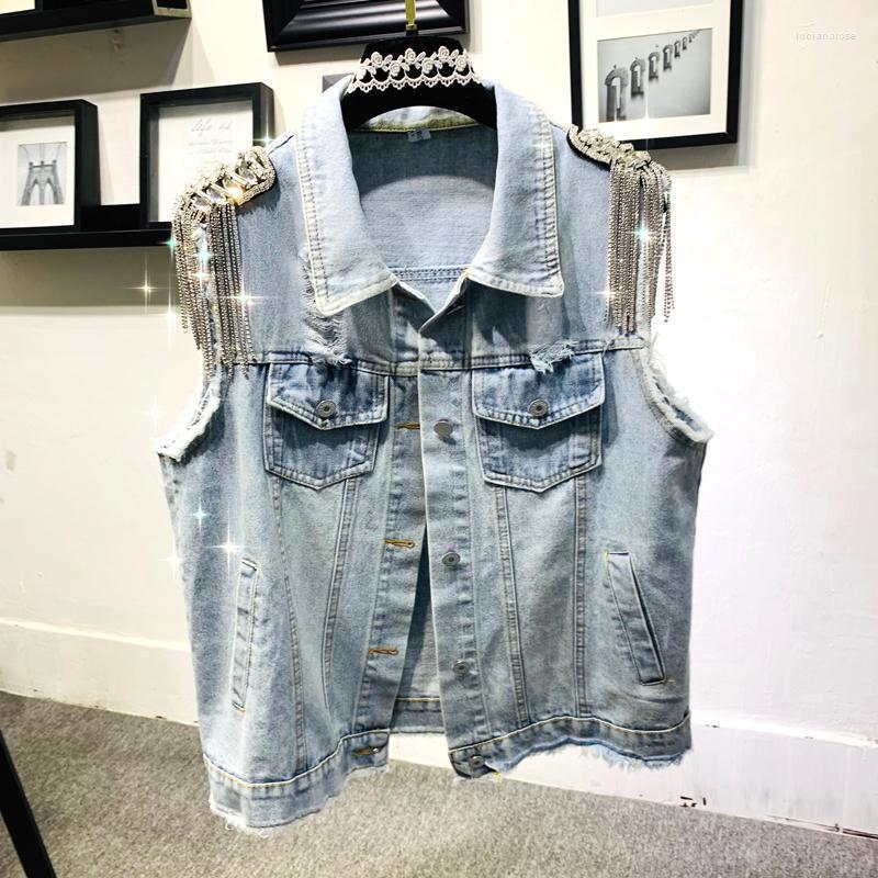 

Women' Vests Fashion Rhinestone Tassel Epaulet Denim Vest 2022 Summer Hole Sleeveless Coat Female Washed Light Blue Casual Outerwear Luci22