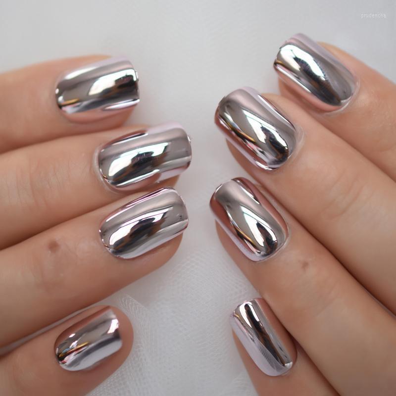 

False Nails 24pcs Salon Metallic Fake Nail Art Tips Mirror Gel Artificial Set Medium Short For Daily Wear Faux Ongles Prud22, L5817