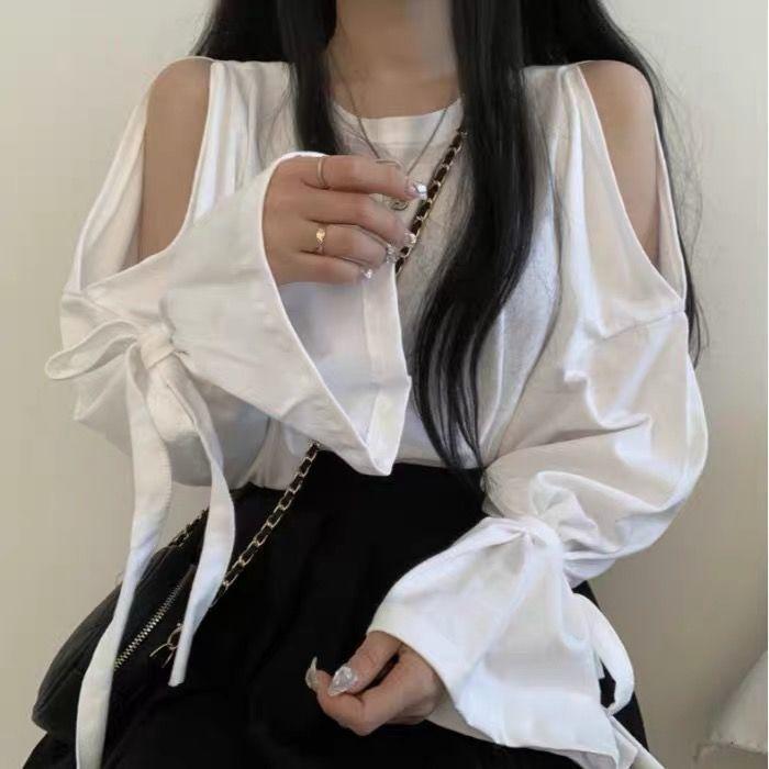

Women's T-Shirt Korean Style Elegant Shoulder-Baring Lace-up Long Sleeve For Women Ins Round Neck Loose Versatile Bottoming TopWomen's, Conventional white