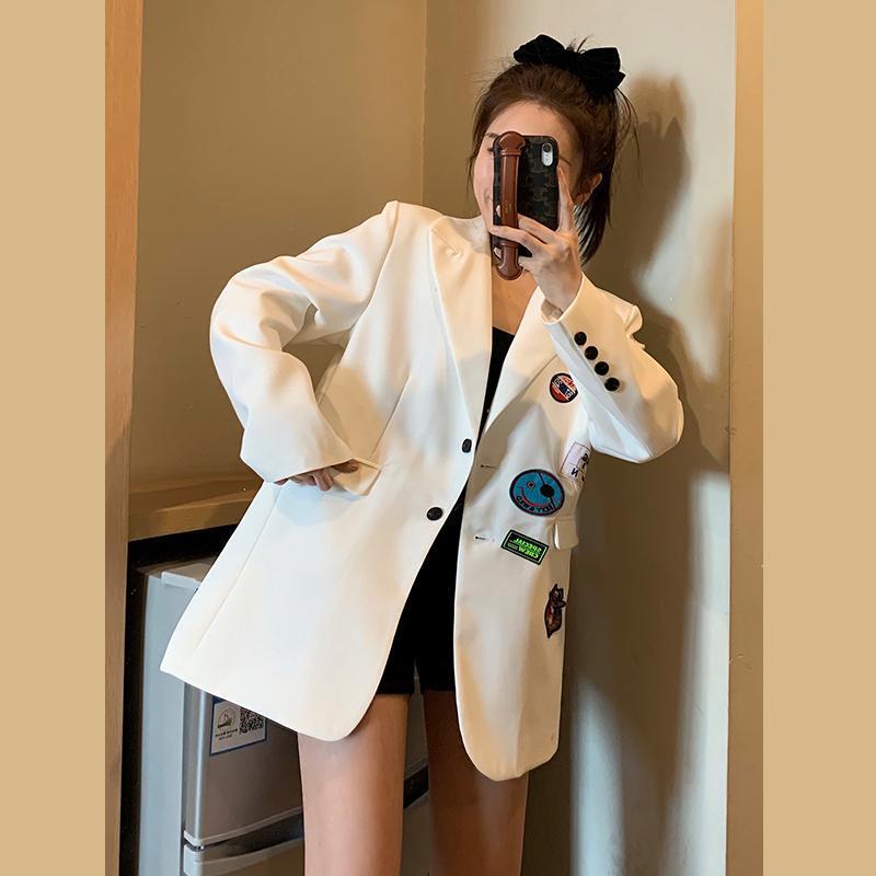 

Women' Suits & Blazers White Suit Jacket 2022 Spring Autumn Loose Single-breasted Embroidery Patch Badge Long Sleeve Women Trendy CoatWomen