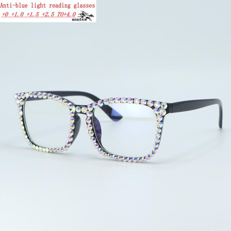 

Sunglasses Women Square Reading Glasses Bling Rhinestones Crystal Black Diamond Frame Eyewear Anti Blue Light Reader NXSunglasses