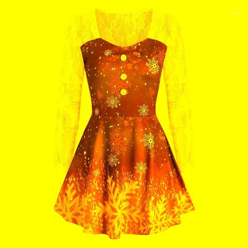 

Casual Dresses Snowflake Printed Long Sleeve Shirt For Women Merry Christmas Lace Stitching Button Short Dress With Robes, Blue