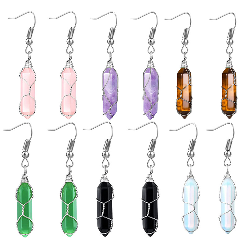 Natural stone handmade silver color Wire Wrap Hexagonal Prism dangle Earrings Turquoises Opal Pink Crystal Earrings For Women Jewelry-image-768926241