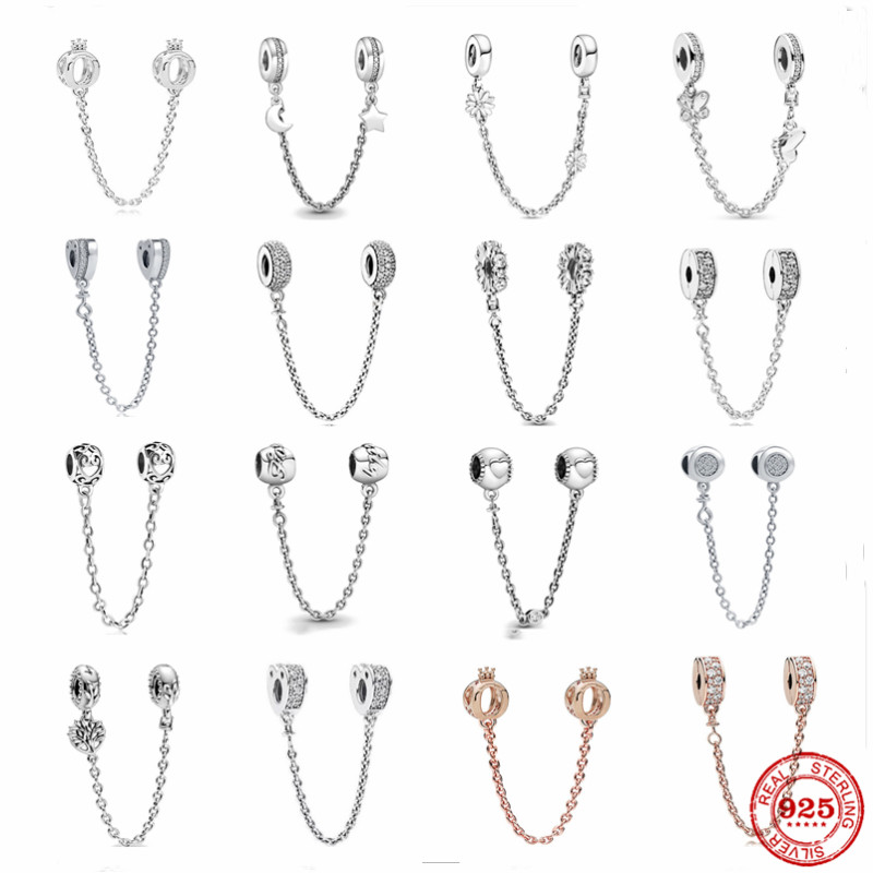 

925 Sterling Silver Dangle Charm New Safety Chain Moon Flower Butterfly Queen Bead Fit Pandora Charms Bracelet DIY Jewelry Accessories