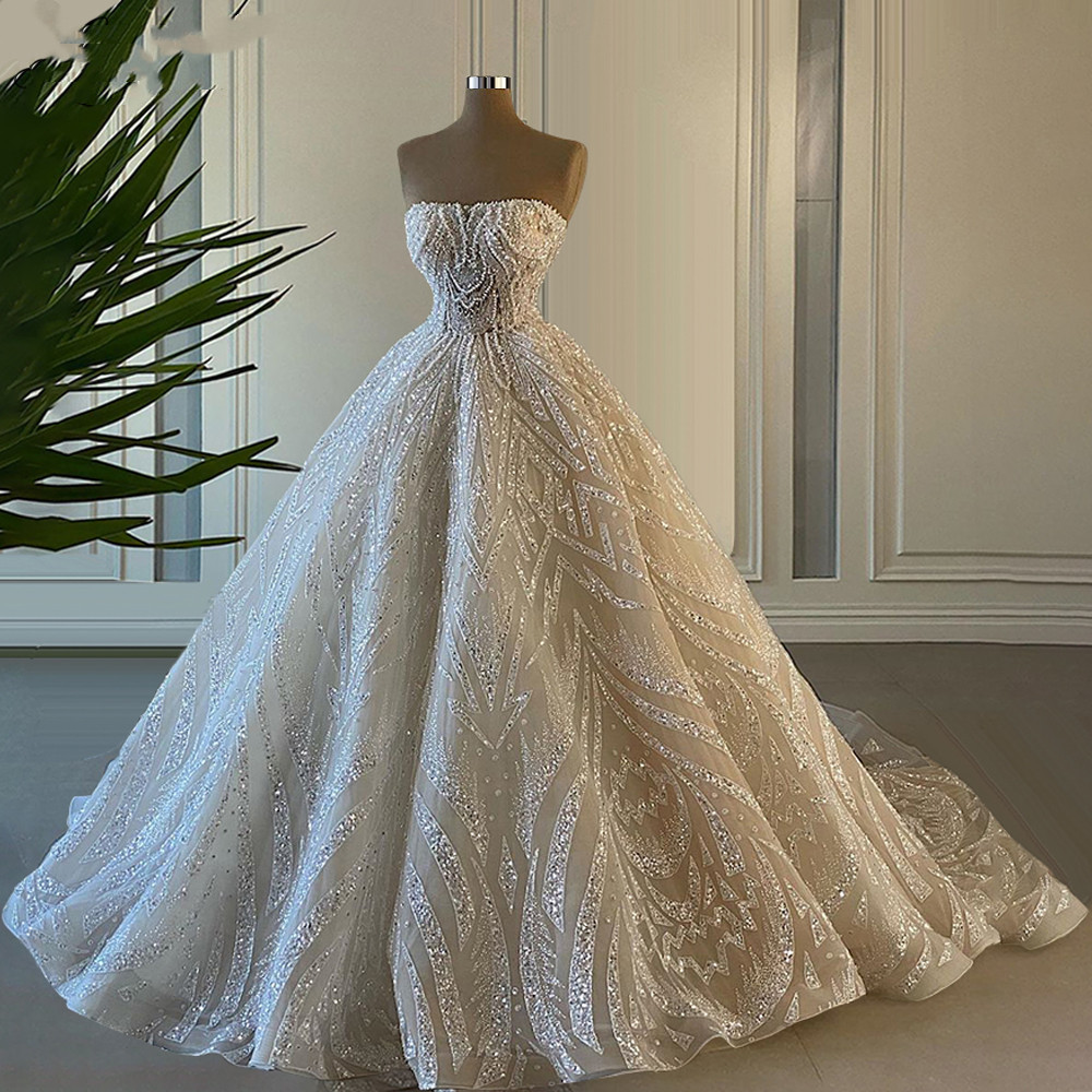 

Princess Ball Gown Wedding Dresses Sleeveless Strapless Bateau Sequins Appliques Lace Ruffles Floor Length Glitter Bridal Gown Vintage Plus Size robes de soiree, Light sky blue