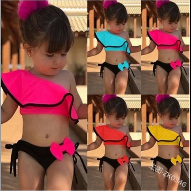 

Women's Swimwear Summer Cute Children Swimming Lotus Edge Swimsuit Diagonal Shoulder Candy Bow Design Split Body Bathing Suit FemaleWomen's, Red