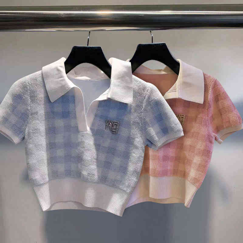 Women&#039;s T-Shirt big Wangs song Zhiya Lapel short waist check contrast color small fragrant sleeved Knitted Top-image-765883929