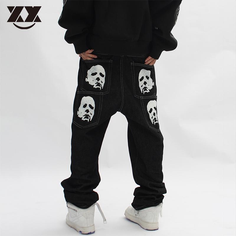 

Men's Jeans Dark Human Face Print Men Hip Hop Spoof Portrait Streetwear Oversize Casual Denim Pants Loose Mens Trousers Pantalon Homme, Black