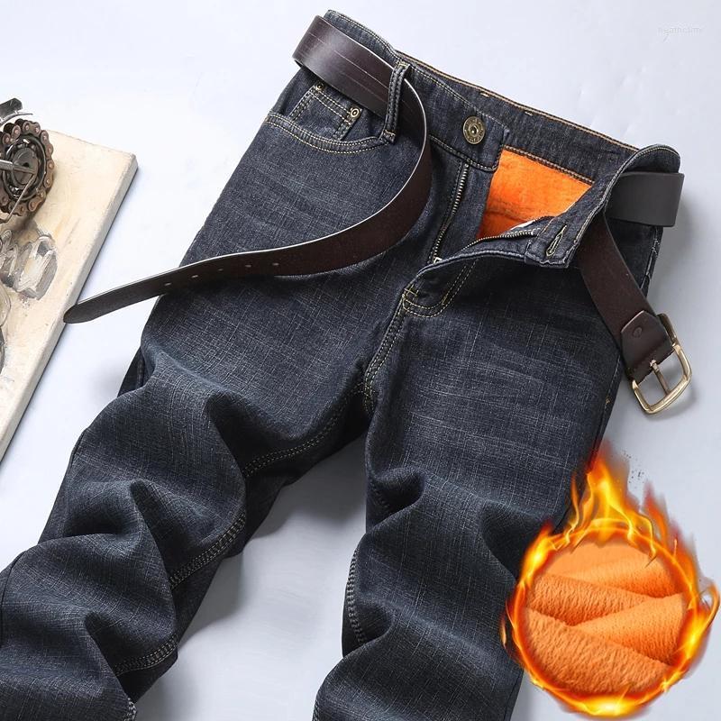 

Men's Jeans Winter Thermal Flannel Stretch Mens Quality Fleece Thickened Pants Straight Flocking Denim TrousersMen's Men'sMen's Heat22, 8010-black blue