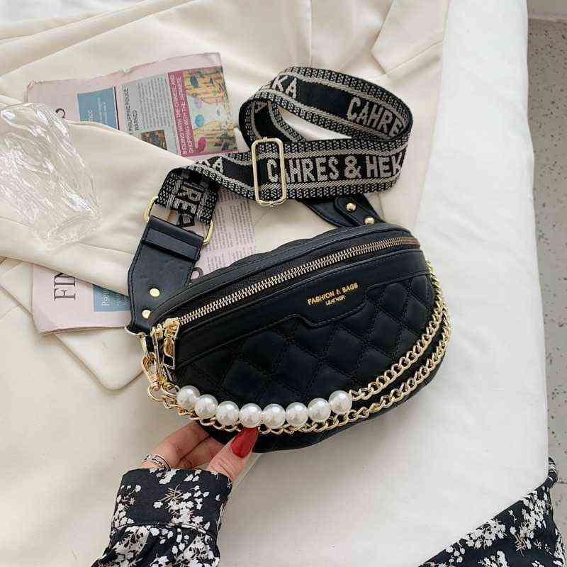 

Luxury pearl Beading Chain Waist Bags For Women Diamond Lattice PU Fanny Pack Female Stylish Wide Strap Crossbody Bag 220527, Black