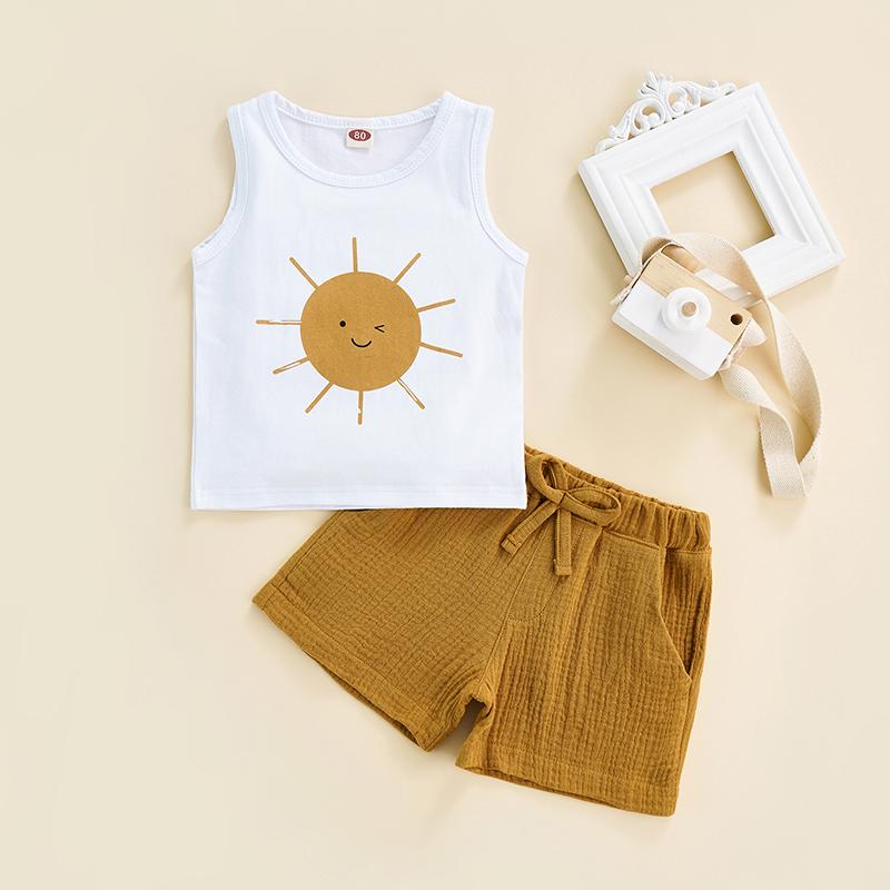 

Clothing Sets Toddler Baby Summer Clothes Set Sleeveless Round Neck Sun Print Vest Elastic Waist Shorts With Pockets Casual Children's S, Beige