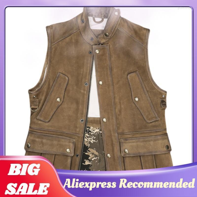 

Men's Vests 2022 Vintage Brown Genuine Leather Vest Men Safari Style Plus Size 4XL Real Natural Thick Cow Suede Autumn Slim Fit Coat Guin22, Black
