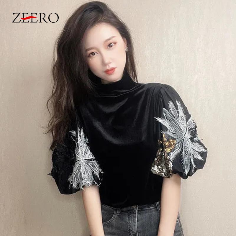 

Women's Blouses & Shirts Women Black Lantern Half Sleeve Embroidery Sequins Blouse Spring Woman Velvet Beading Temperament Vintage Ladies To, White