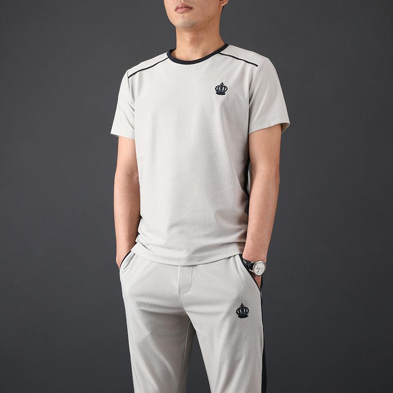 

Men's Tracksuits Summer Slim Breathable Leisure Suit Men's Embroidery Stretch Body Round Collar Sport Short Sleeve Two Piece MenMen's, Gray