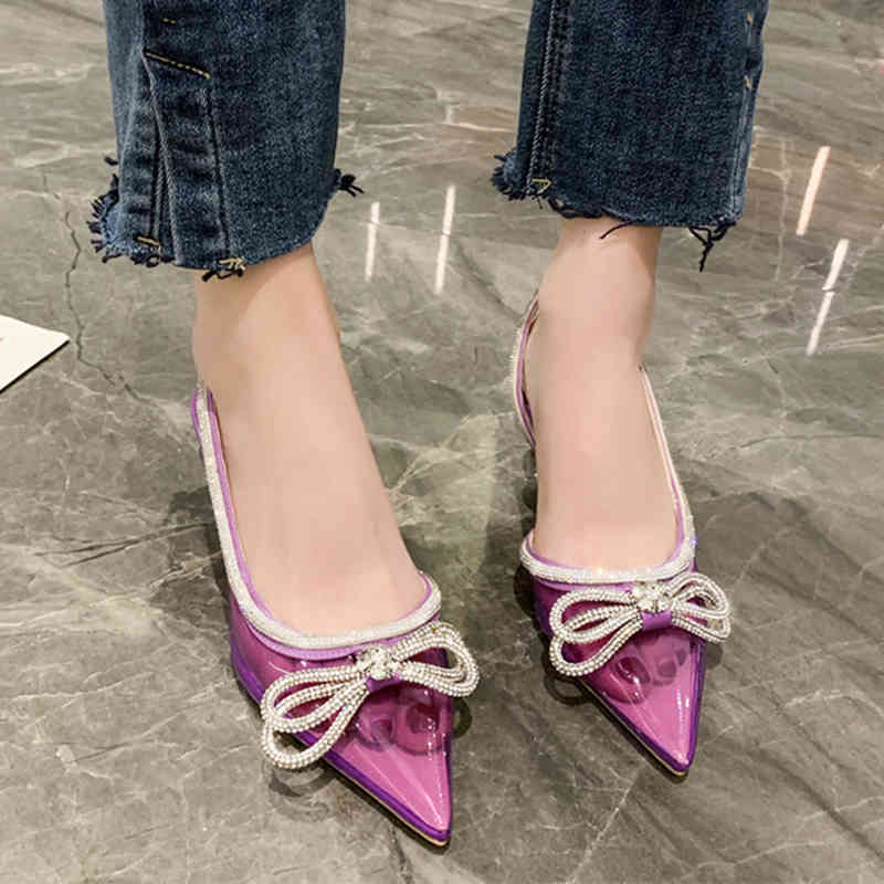 

Dress Shoes Sandals Sexy Pointed Toe Crystal Straps Pumps Women PVC Slingbacks Purple High Heels Woman Thin Heeled Bowtie Party 220416, Green