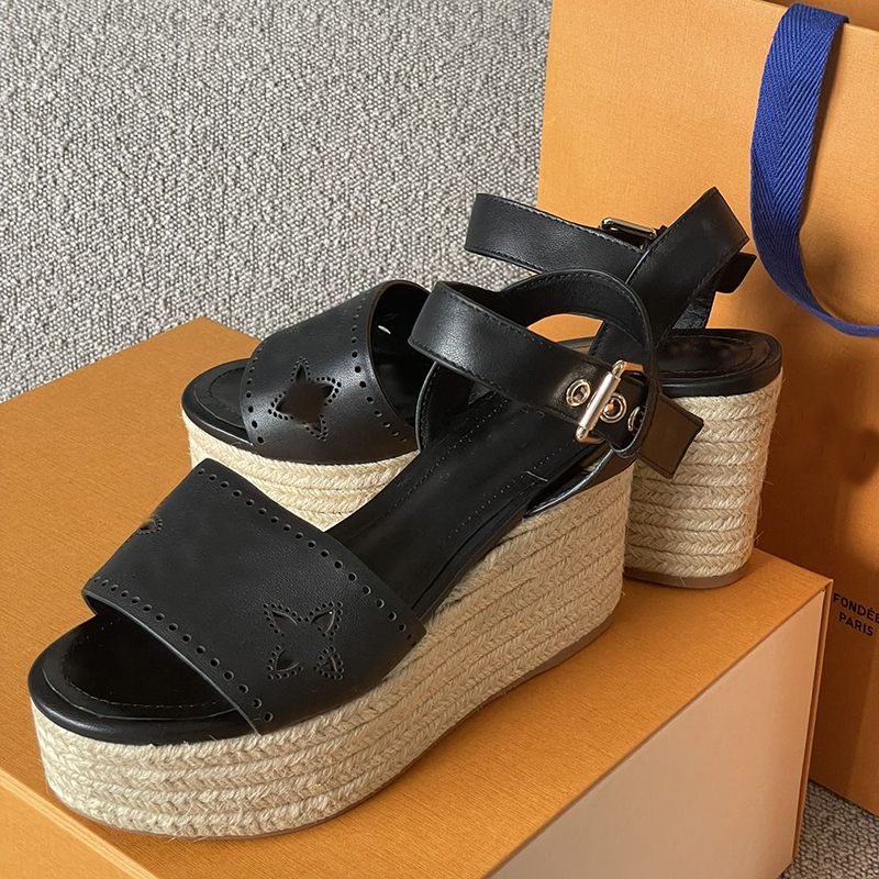 

Women Starboard Wedge Sandal Leather High Heels Natural Erforated Braided Classic Espadrilles Fashion Designer Leather Beach Counter With Box NO375, Sock