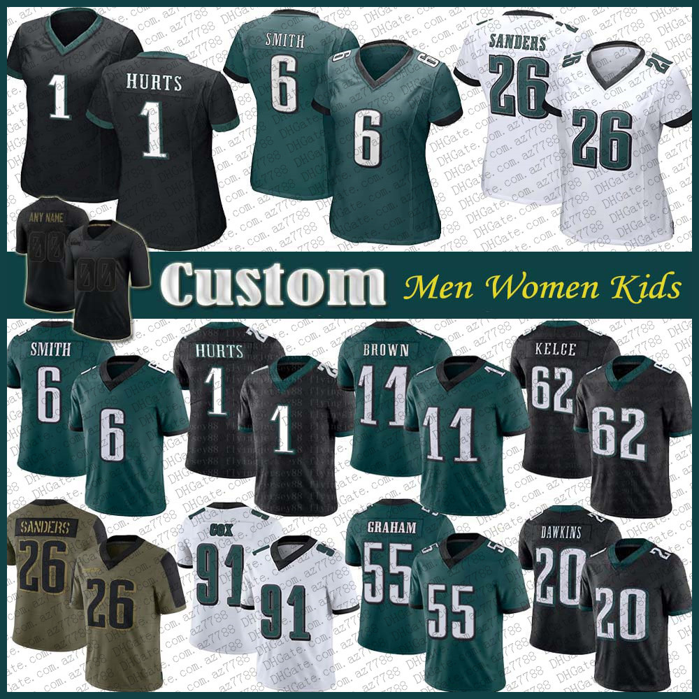 

11 A.J. Brown 6 DeVonta Smith Custom Men Women Kids Football Jersey 62 Jason Kelce 1 Jalen Hurts 20 Brian Dawkins Fletcher Cox Miles Sanders Brandon Graham Darius Slay Jr, Shown