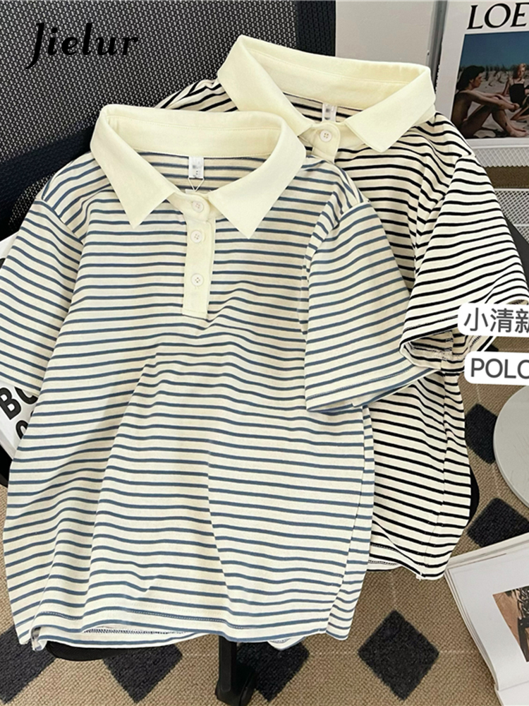 

Jielur Korean Cotton Womens Summer Tshirts Short Sleeve Polo T shirt Female Yarndyed Striped Black Blue Top Woman Tees MXL 220615